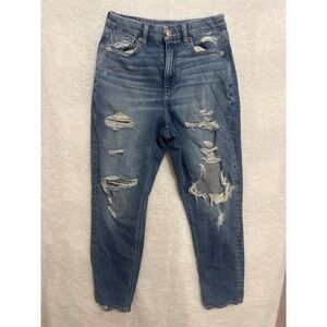 American Eagle Mom Jeans Women's Stretch 4 Regular Wash Ripped Distressed‎ Denim